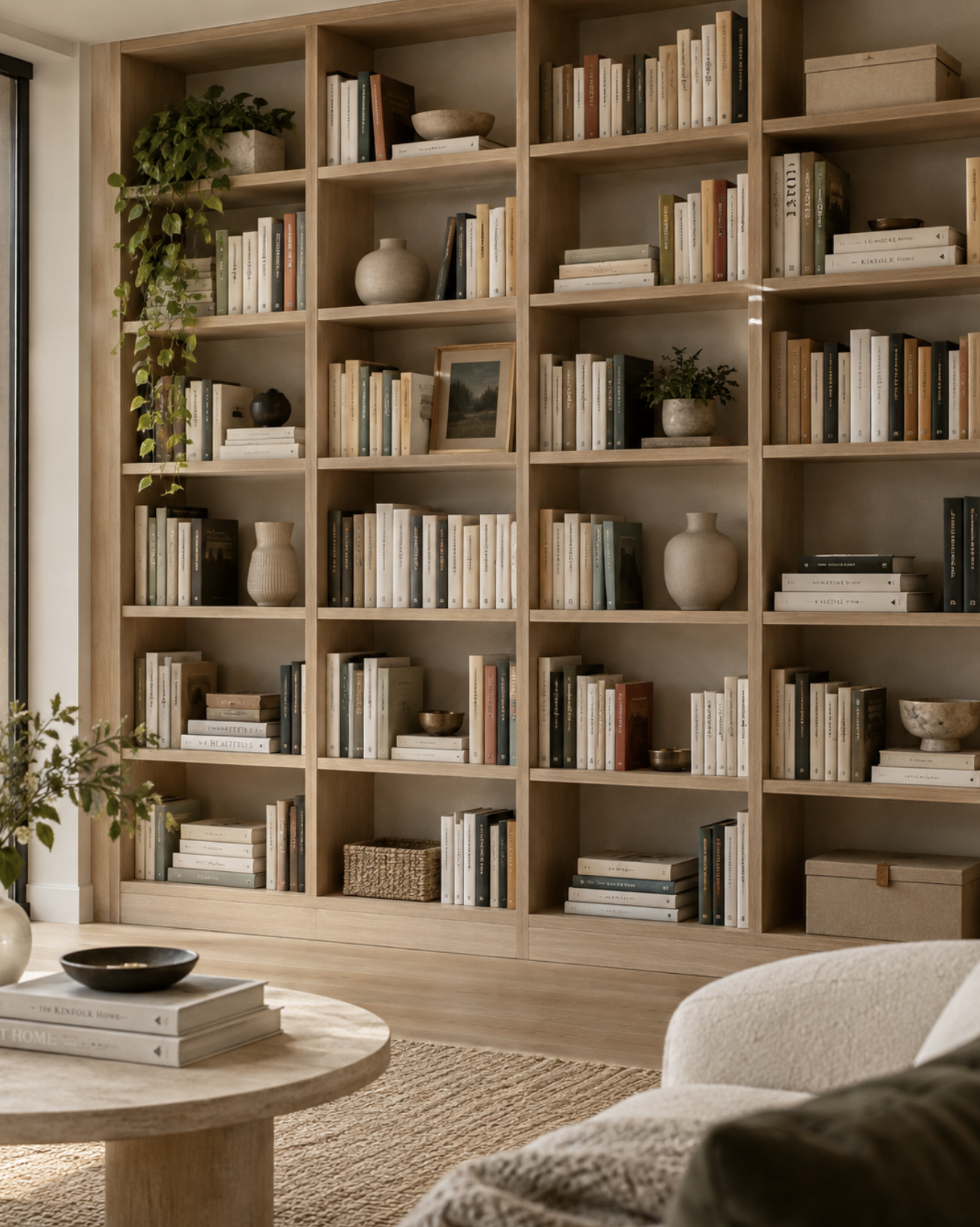Floor-to-ceiling oak bookshelves styled with books, vases and a plant